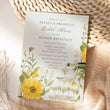 Load image into Gallery viewer, Elegant Petals and Prosecco Bridal Shower Invitation with whimsical yellow wildflowers and pastel greenery, perfect for a garden party theme.