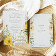 Load image into Gallery viewer, Elegant Petals and Prosecco Bridal Shower Invitation with whimsical yellow wildflowers and pastel greenery, perfect for a garden party theme.