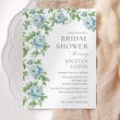 Load image into Gallery viewer, Bridal shower invitation in French blue with Charleston blue floral and sage greenery botanical watercolor designs, for a chic garden party