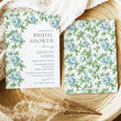 Load image into Gallery viewer, Bridal shower invitation in French blue with Charleston blue floral and sage greenery botanical watercolor designs, for a chic garden party