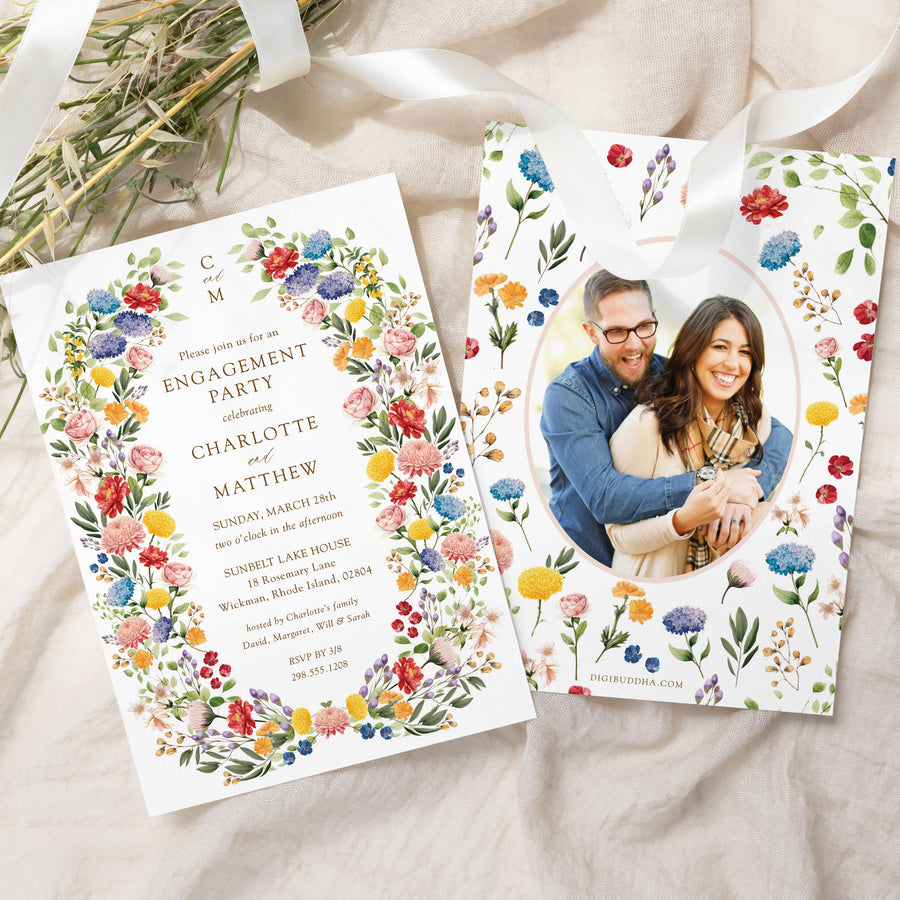 Elegant engagement party invitation featuring botanical greenery and floral designs, celebrating the couple's announcement