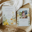 Load image into Gallery viewer, Graduation party invitation with pastel yellow wildflowers and sage greenery, vintage botanical design for high school and college graduation garden party celebrations.