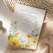 Load image into Gallery viewer, Graduation party invitation with pastel yellow wildflowers and sage greenery, vintage botanical design for high school and college graduation garden party celebrations.