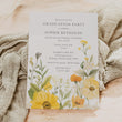 Load image into Gallery viewer, Graduation party invitation with pastel yellow wildflowers and sage greenery, vintage botanical design for high school and college graduation garden party celebrations.