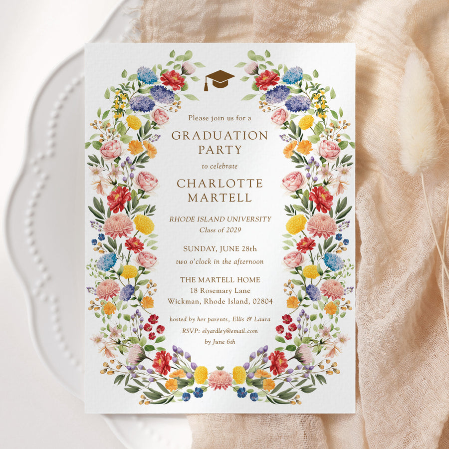 Floral pink wildflower graduation party invitation for 2024, featuring a colorful blend of pink, green, yellow, and purple flowers, perfect for celebrating a significant academic milestone in spring or summer