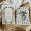 Load image into Gallery viewer, Floral pink wildflower graduation party invitation for 2024, featuring a colorful blend of pink, green, yellow, and purple flowers, perfect for celebrating a significant academic milestone in spring or summer