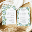 Load image into Gallery viewer, Green blue toile bachelorette party invitation with French blue Charleston blue floral and with greenery stems, ideal for an elegant southern party