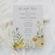 Load image into Gallery viewer, Rehearsal dinner invitation with yellow pastel wildflowers and botanical sage greenery, setting the tone for a whimsical garden party.