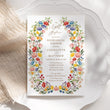 Load image into Gallery viewer, Elegant wildflower rehearsal dinner invitation with option for photo, capturing the essence of pre-wedding excitement and togetherness, full floral flowers in purple pink yellow and greenery. ideal for setting the scene for a memorable night before the wedding.