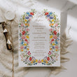 Load image into Gallery viewer, Elegant wildflower rehearsal dinner invitation with option for photo, capturing the essence of pre-wedding excitement and togetherness, full floral flowers in purple pink yellow and greenery. ideal for setting the scene for a memorable night before the wedding.