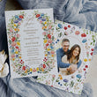 Load image into Gallery viewer, Elegant wildflower rehearsal dinner invitation with option for photo, capturing the essence of pre-wedding excitement and togetherness, full floral flowers in purple pink yellow and greenery. ideal for setting the scene for a memorable night before the wedding.