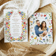 Load image into Gallery viewer, Elegant wildflower rehearsal dinner invitation with option for photo, capturing the essence of pre-wedding excitement and togetherness, full floral flowers in purple pink yellow and greenery. ideal for setting the scene for a memorable night before the wedding.