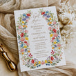 Load image into Gallery viewer, Elegant wildflower rehearsal dinner invitation with option for photo, capturing the essence of pre-wedding excitement and togetherness, full floral flowers in purple pink yellow and greenery. ideal for setting the scene for a memorable night before the wedding.