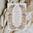 Load image into Gallery viewer, Elegant wildflower rehearsal dinner invitation with option for photo, capturing the essence of pre-wedding excitement and togetherness, full floral flowers in purple pink yellow and greenery. ideal for setting the scene for a memorable night before the wedding.