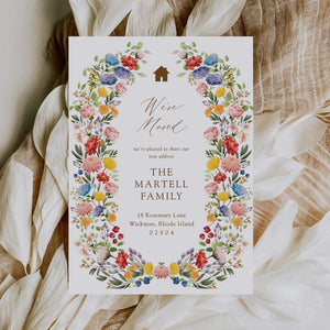 Elegant We've Moved announcement card featuring boho floral designs, perfect for sharing the excitement of a new home this spring.