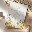 Load image into Gallery viewer, Wildflower baptism invitation with pastel yellow and sage green botanical designs, perfect for a spring/summer garden party.