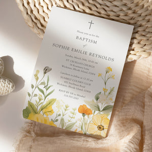 Wildflower baptism invitation with pastel yellow and sage green botanical designs, perfect for a spring/summer garden party.