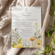 Load image into Gallery viewer, Wildflower baptism invitation with pastel yellow and sage green botanical designs, perfect for a spring/summer garden party.