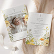 Load image into Gallery viewer, Wildflower baptism invitation with pastel yellow and sage green botanical designs, perfect for a spring/summer garden party.