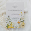 Load image into Gallery viewer, Wildflower baptism invitation with pastel yellow and sage green botanical designs, perfect for a spring/summer garden party.