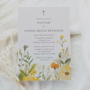 Wildflower baptism invitation with pastel yellow and sage green botanical designs, perfect for a spring/summer garden party.