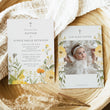 Load image into Gallery viewer, Wildflower baptism invitation with pastel yellow and sage green botanical designs, perfect for a spring/summer garden party.