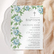 Load image into Gallery viewer, Gender neutral baptism invitation in French blue with floral watercolor greenery design, perfect for a preppy garden party celebration, think grandmillennial, chinoiserie, southern theme gathering