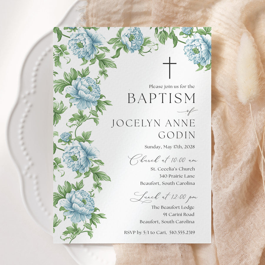Gender neutral baptism invitation in French blue with floral watercolor greenery design, perfect for a preppy garden party celebration, think grandmillennial, chinoiserie, southern theme gathering