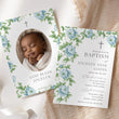 Load image into Gallery viewer, Gender neutral baptism invitation in French blue with floral watercolor greenery design, perfect for a preppy garden party celebration, think grandmillennial, chinoiserie, southern theme gathering