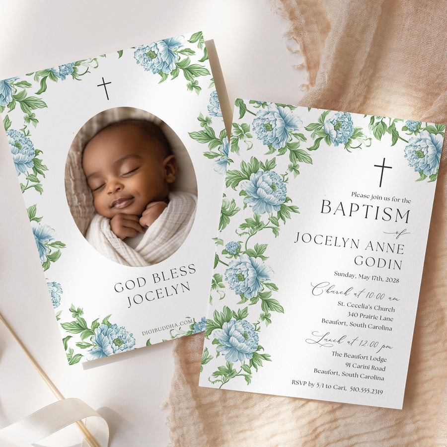 Gender neutral baptism invitation in French blue with floral watercolor greenery design, perfect for a preppy garden party celebration, think grandmillennial, chinoiserie, southern theme gathering