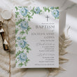 Load image into Gallery viewer, Gender neutral baptism invitation in French blue with floral watercolor greenery design, perfect for a preppy garden party celebration, think grandmillennial, chinoiserie, southern theme gathering