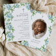 Load image into Gallery viewer, Gender neutral baptism invitation in French blue with floral watercolor greenery design, perfect for a preppy garden party celebration, think grandmillennial, chinoiserie, southern theme gathering