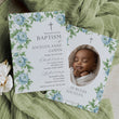 Load image into Gallery viewer, Gender neutral baptism invitation in French blue with floral watercolor greenery design, perfect for a preppy garden party celebration, think grandmillennial, chinoiserie, southern theme gathering