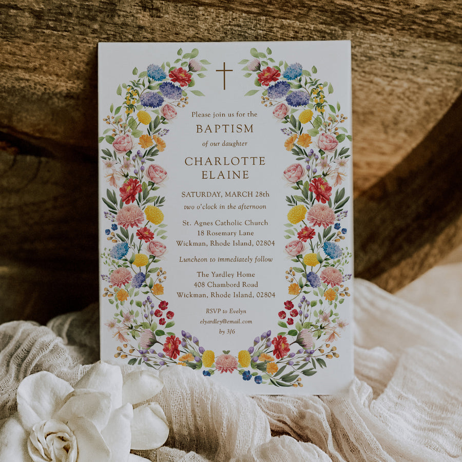 Elegant wildflower baptism invitation card from our spring garden collection, capturing the essence of a baby's christening or first communion with a botanical design, ready to share joy with loved ones.