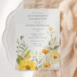 Load image into Gallery viewer, Elegant yellow wildflower birthday party invitation with pastel and sage green tones, perfect for a whimsical 40th or 50th garden party celebration.