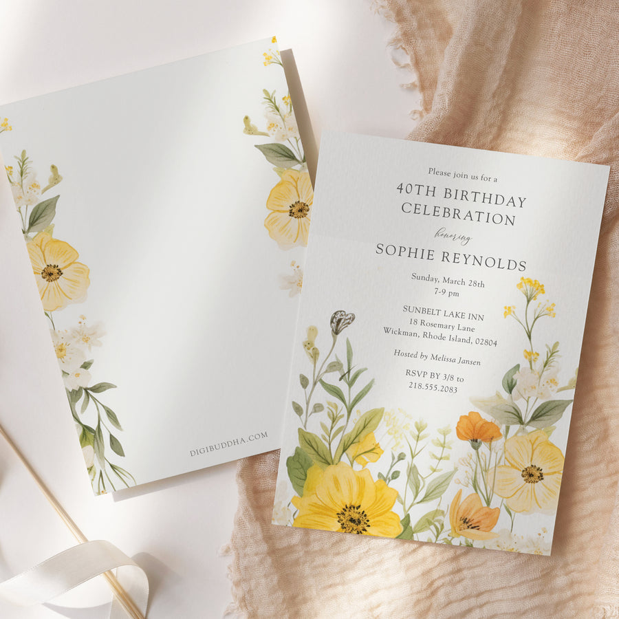 Elegant yellow wildflower birthday party invitation with pastel and sage green tones, perfect for a whimsical 40th or 50th garden party celebration.