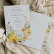 Load image into Gallery viewer, Elegant yellow wildflower birthday party invitation with pastel and sage green tones, perfect for a whimsical 40th or 50th garden party celebration.