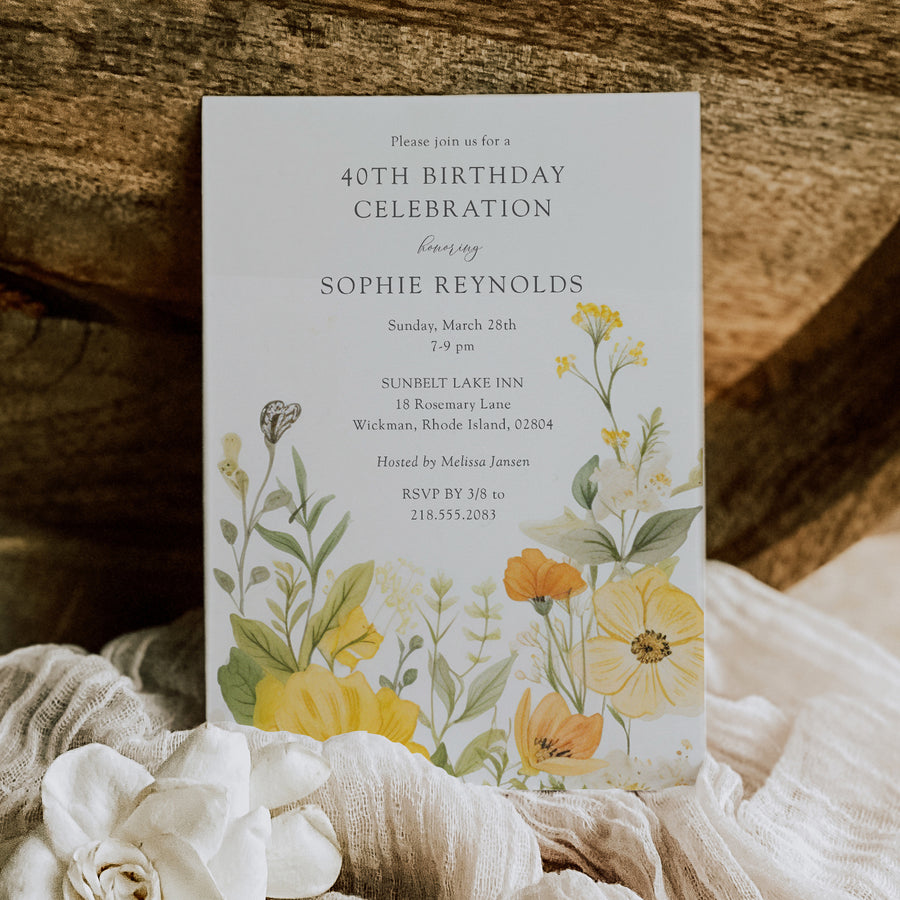 Elegant yellow wildflower birthday party invitation with pastel and sage green tones, perfect for a whimsical 40th or 50th garden party celebration.