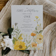 Load image into Gallery viewer, Floral 1st birthday invitation featuring sage greenery and yellow pastel watercolor wildflowers for a whimsical garden party celebration.