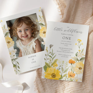 Floral 1st birthday invitation featuring sage greenery and yellow pastel watercolor wildflowers for a whimsical garden party celebration.