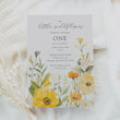 Load image into Gallery viewer, Floral 1st birthday invitation featuring sage greenery and yellow pastel watercolor wildflowers for a whimsical garden party celebration.