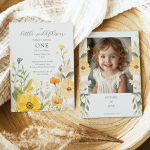 Floral 1st birthday invitation featuring sage greenery and yellow pastel watercolor wildflowers for a whimsical garden party celebration.