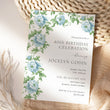 Load image into Gallery viewer, Elegant adult birthday party invitation featuring floral and botanical designs in French blue and Charleston blue, ideal for marking a significant milestone with grace and style.