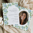 Load image into Gallery viewer, Elegant adult birthday party invitation featuring floral and botanical designs in French blue and Charleston blue, ideal for marking a significant milestone with grace and style.