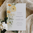 Load image into Gallery viewer, Yellow wildflower save the date wedding invitation with pastel sage greenery, watercolor floral and pastel yellow and sage design.