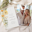 Load image into Gallery viewer, Yellow wildflower save the date wedding invitation with pastel sage greenery, watercolor floral and pastel yellow and sage design.