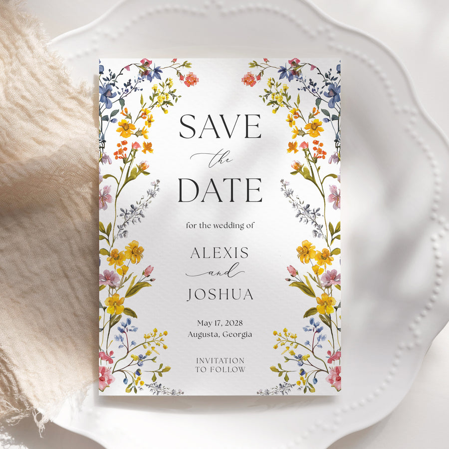 Elegant Save the Date card with boho floral design, including summer wildflowers in yellow, purple, and blue, perfect for garden wedding announcements.