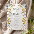 Load image into Gallery viewer, Elegant Save the Date card with boho floral design, including summer wildflowers in yellow, purple, and blue, perfect for garden wedding announcements.
