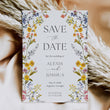 Load image into Gallery viewer, Elegant Save the Date card with boho floral design, including summer wildflowers in yellow, purple, and blue, perfect for garden wedding announcements.