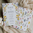 Load image into Gallery viewer, Elegant Save the Date card with boho floral design, including summer wildflowers in yellow, purple, and blue, perfect for garden wedding announcements.